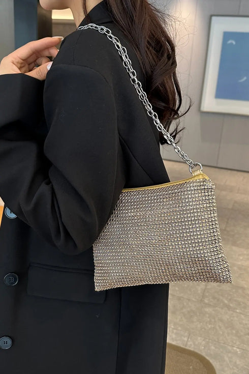'Aya' Metal Chain Rhinestone Crossbody Bag - Celes Fashion